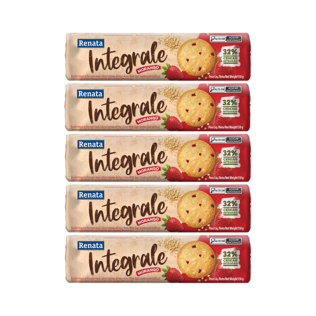 Kit com 5 Pacotes de Biscoito Integrale Morango e Aveia de 150g cada - Renata