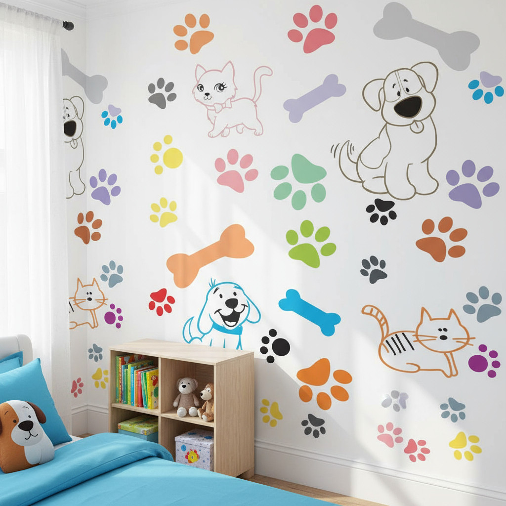 Papel De Parede Petshop Cachorro E Gato Patinhas Coloridas