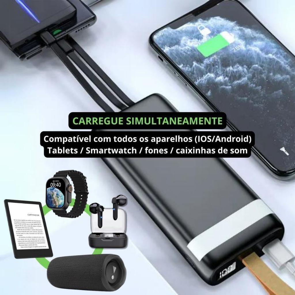 Power Bank Universal de 20.000mAh Carregador Portátil para Android e iOS, Inclui Lanterna Integrada