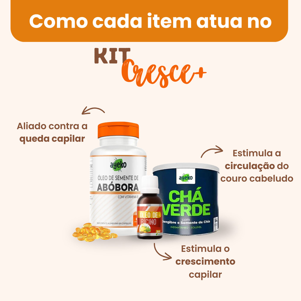 KIT CRESCE+ Óleo de Semente de Abobora , Óleo de Ricino, Chá Verde