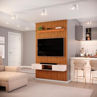 Painel com Bancada para TV até 60 Polegadas Ripado com LED DJ Móveis Trento 143 Freijó Off White em Oferta na Shopee