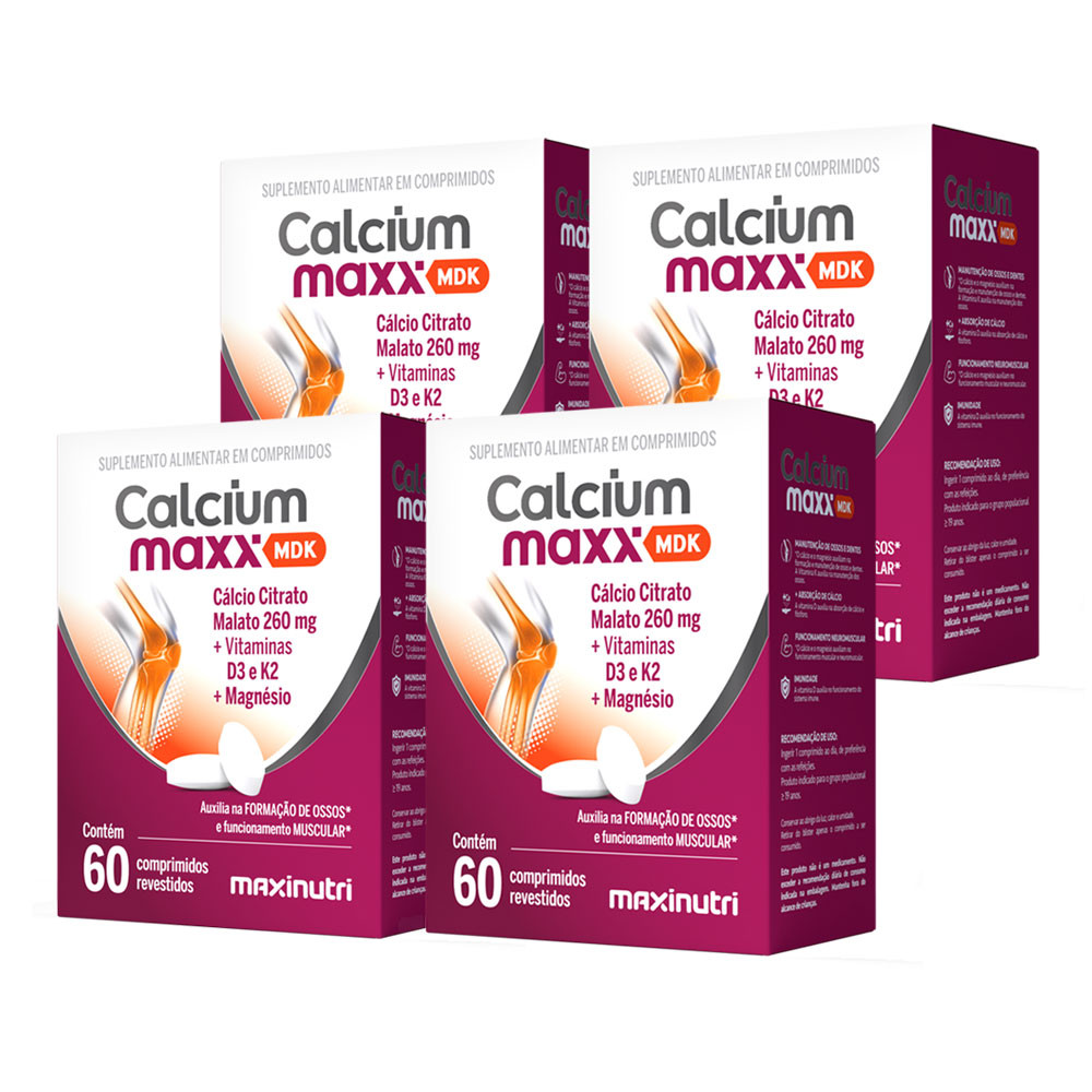 Kit 4 Cálcio Citrato Malato + MDK Magnésio e Vitaminas 260mg Maxinutri
