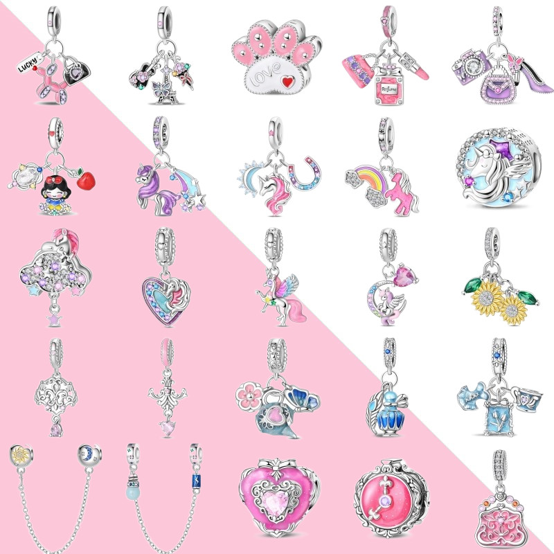 100% S925 prata charme unicórnio arco-íris pônei pulseira acessórios adequados para pulseira DIY jóias fazendo