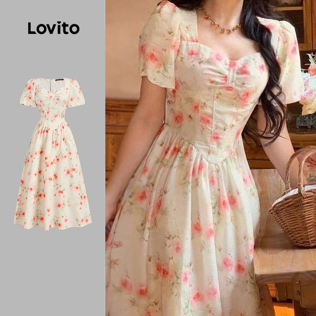 Lovito Vestido Boho com Pregas Linha Estruturada Vestido de Primavera/verão para mulheres L154ED1084 em Oferta na Shopee