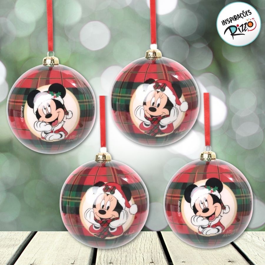 Bola de Natal - Mickey e Minnie - Xadrez - 8cm - 4 unidades - Disney Original - Rizzo