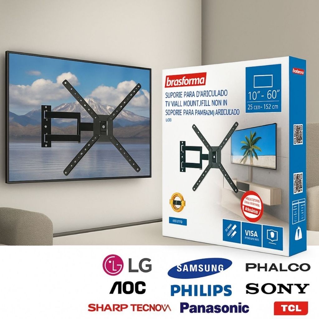 Suporte De Tv E Monitor Tri Articulado 10 Até 60 Polegadas Led Lcd Plasma Até 30Kg