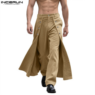 INCERUN Masculino Vintage Street Fashion Cintura Alta Botão Design Em Camadas Patchwork Calças De Veludo em Oferta na Shopee