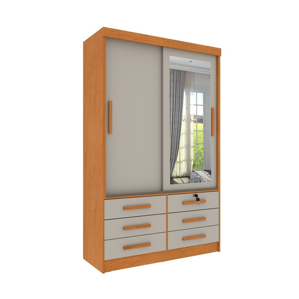 Detalhes do Guarda Roupa Solteiro com Espelho 2 Portas 6 Gavetas 133cm Chicago   Cinamomo/Off White