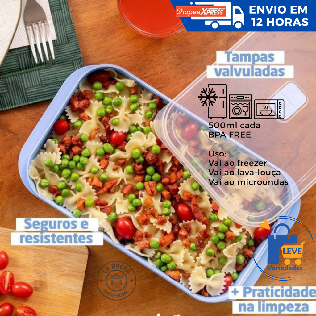 Kit 9, 6 e 3 Potes 500 ml Herméticos Marmita Microondas Dup tampa c/Válvula Tapuer Vasilha BPA