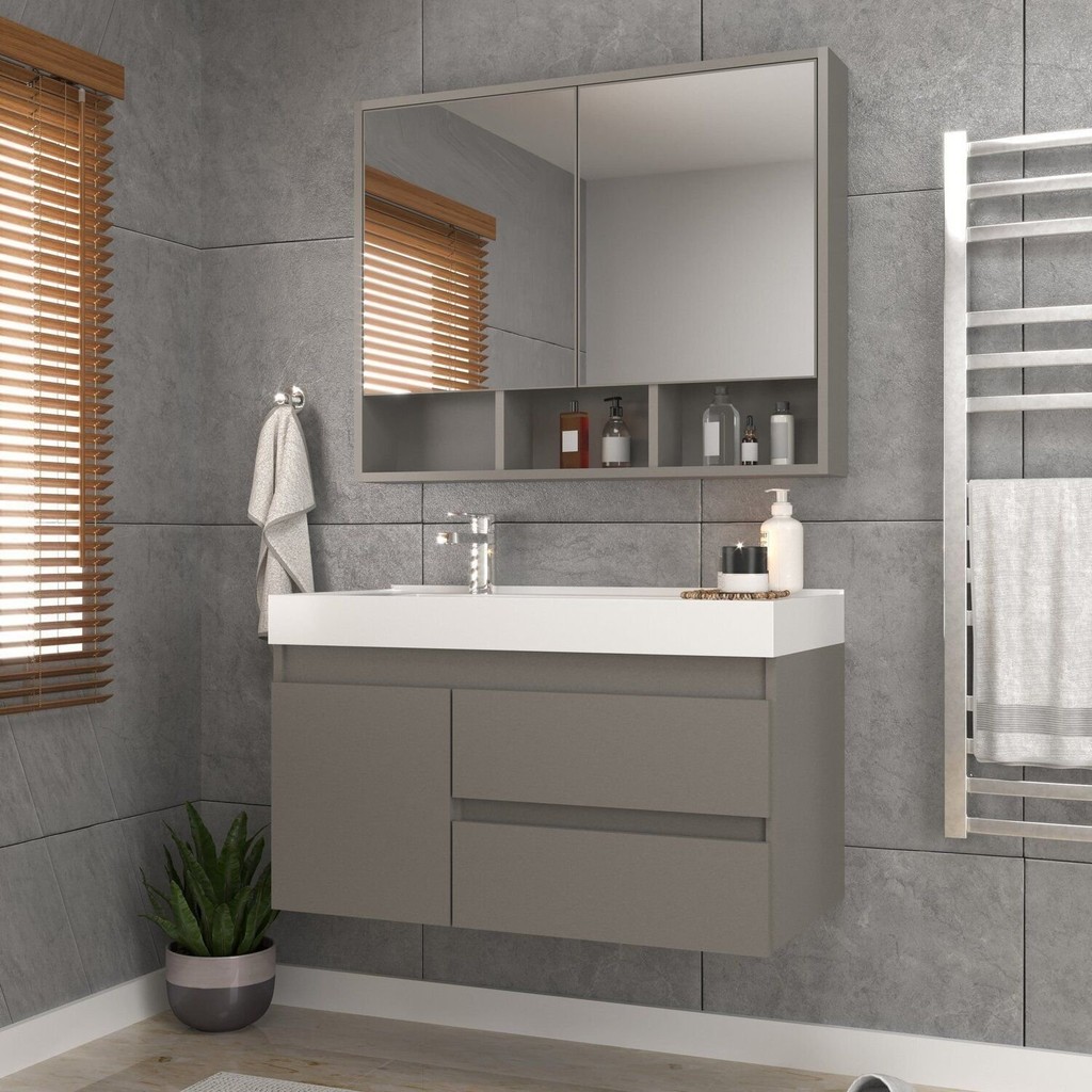 Conjunto Gabinete para Banheiro com Espelheira Orla 80 Cimento em Oferta na Shopee