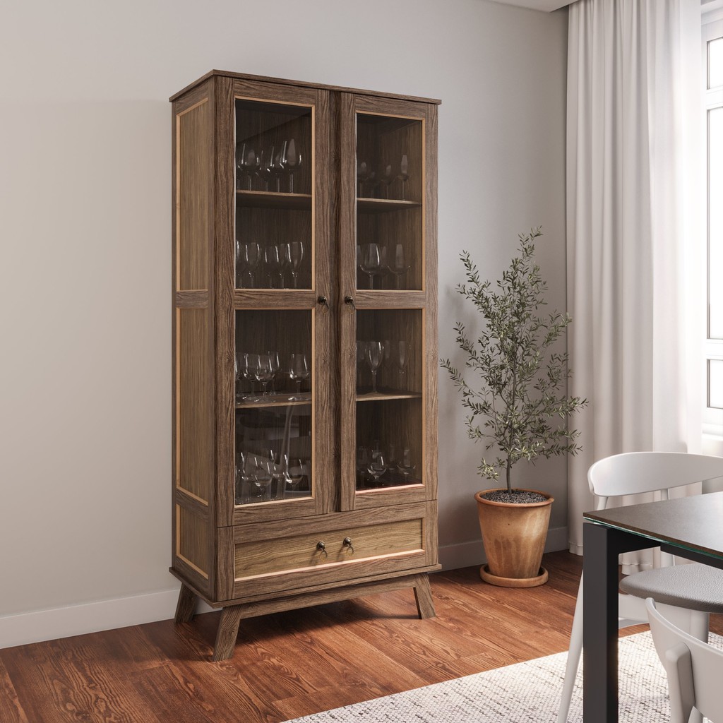 Cristaleira Madeira Maciça Pinus com HDF Porta de Vidro  Imbuia Natural em Oferta na Shopee