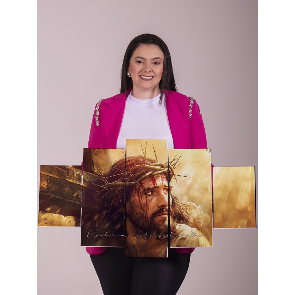 Quadro Decorativo 5 Peças Jesus Cristo Salmo 23 O Senhor É Meu Pastor Sala Quarto Parede Moderno