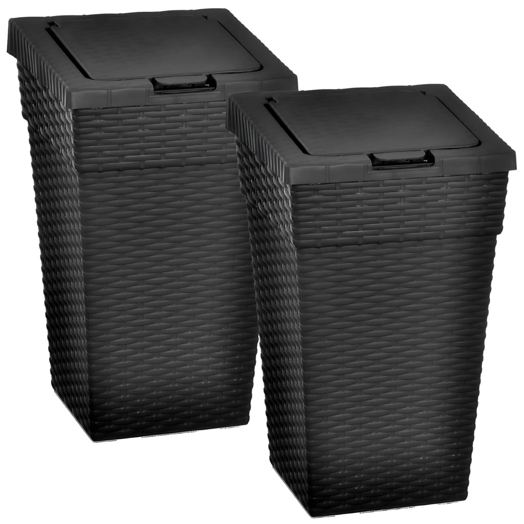 Kit 2 Lixeira Rattan Preta Plastico com Tampa Click 10 litros Cesto Lixo Moderno Banheiro Cozinha Escritório Casa