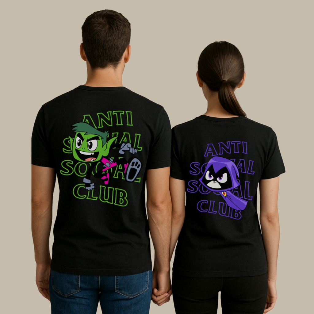Kit 2 Camisetas Casal Namorados Estilosa Minimalista Modelo "Mutano Ravena Anti Social Clu" - Novidade Promoção Especial