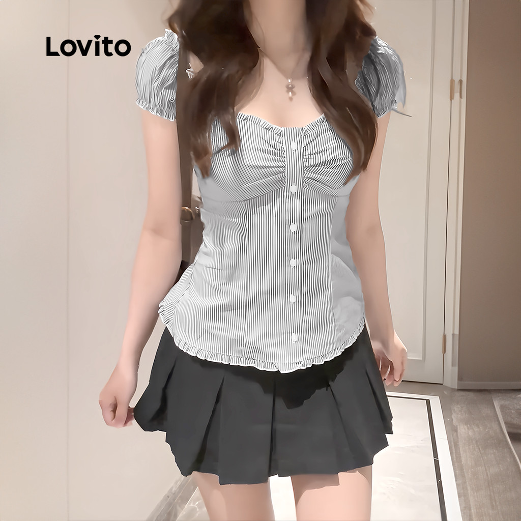 Detalhes do Lovito Blusa Casual Feminina Listrada Botões Pregas Verão Primavera L133AD630