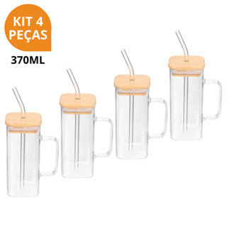 Kit 4 Copos Xícara Canecas Diferenciadas de Vidro com Tampa de Bambu e Canudo de Vidro 370ml em Oferta na Shopee