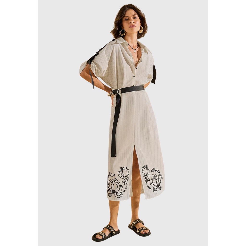 Vestido Ajustado Decote V Manga Curta Midi Off White Morena Rosa