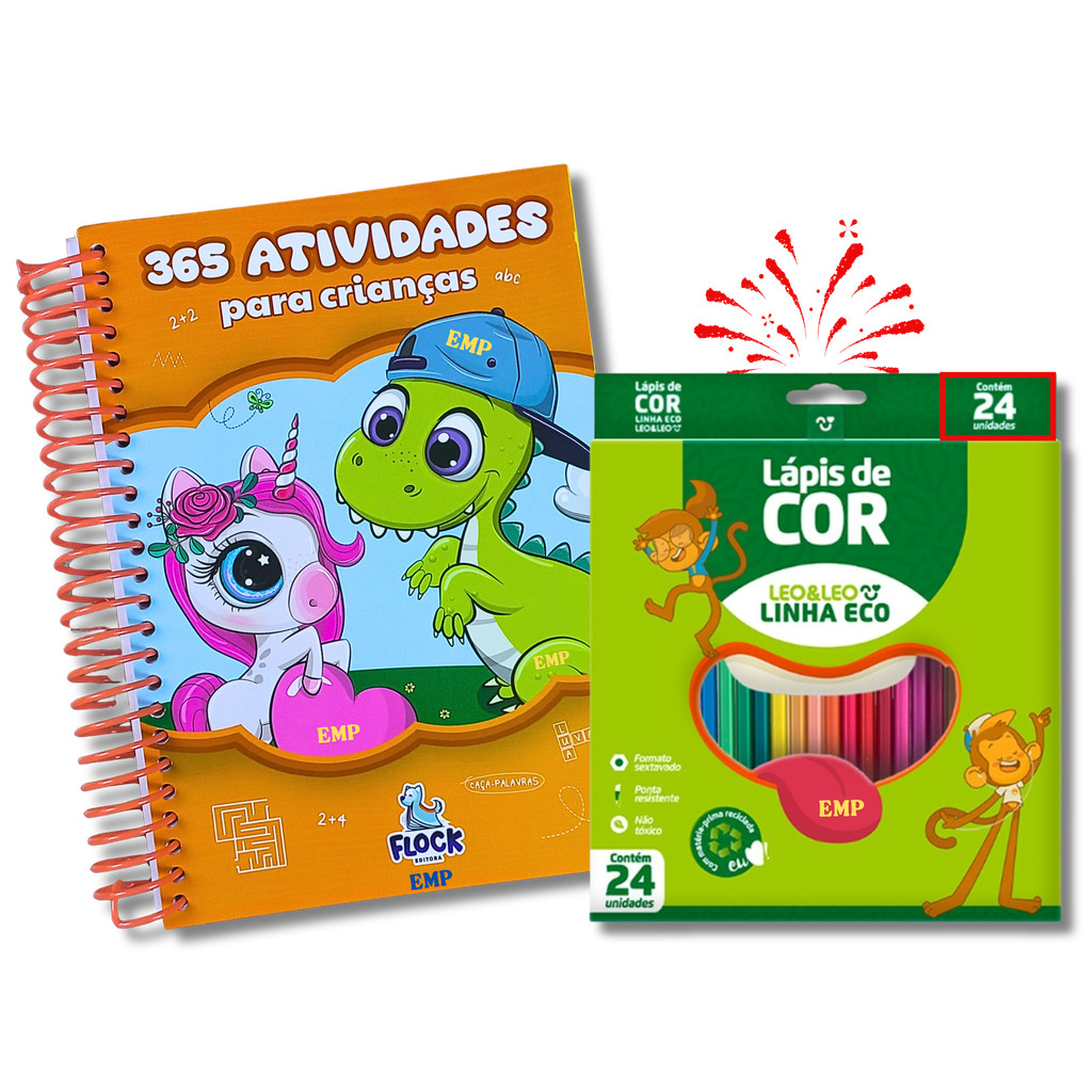 Kit Livro Infantil 365 Atividades Colorir para Crianças + Lápis de 24 Cores