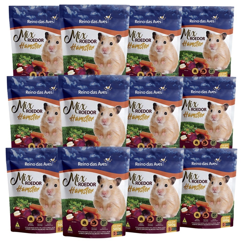 Kit 12 Ração Reino das Aves Hamster Gold Mix 500g Alimento Roedores com Milho Cenoura Maçã