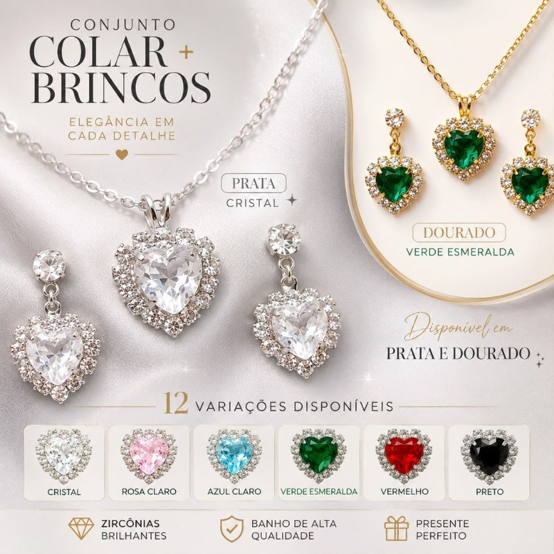 Conjunto Colar e Brincos Feminino Coração Zircônia Luxo Presente