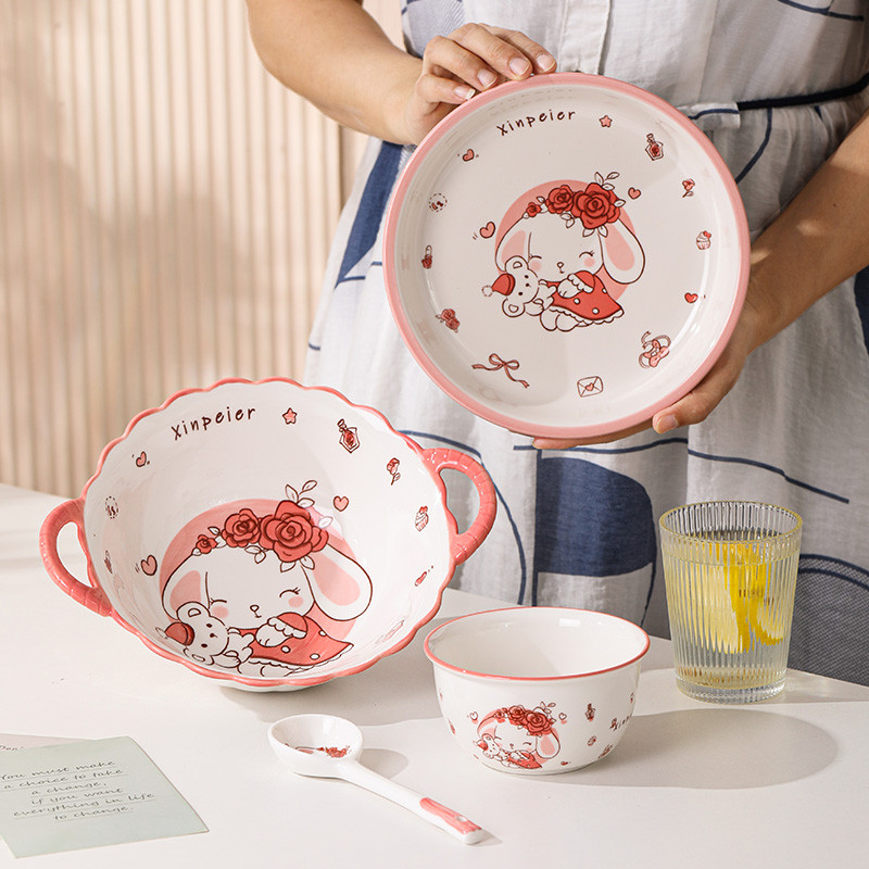 Underglaze cor dos desenhos animados tigela de cerâmica placa colher conjunto talheres bonito tigela de arroz prato tige