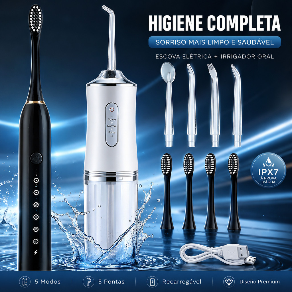 Kit Higiene Bucal Completo: Escova Elétrica Sonic + Irrigador