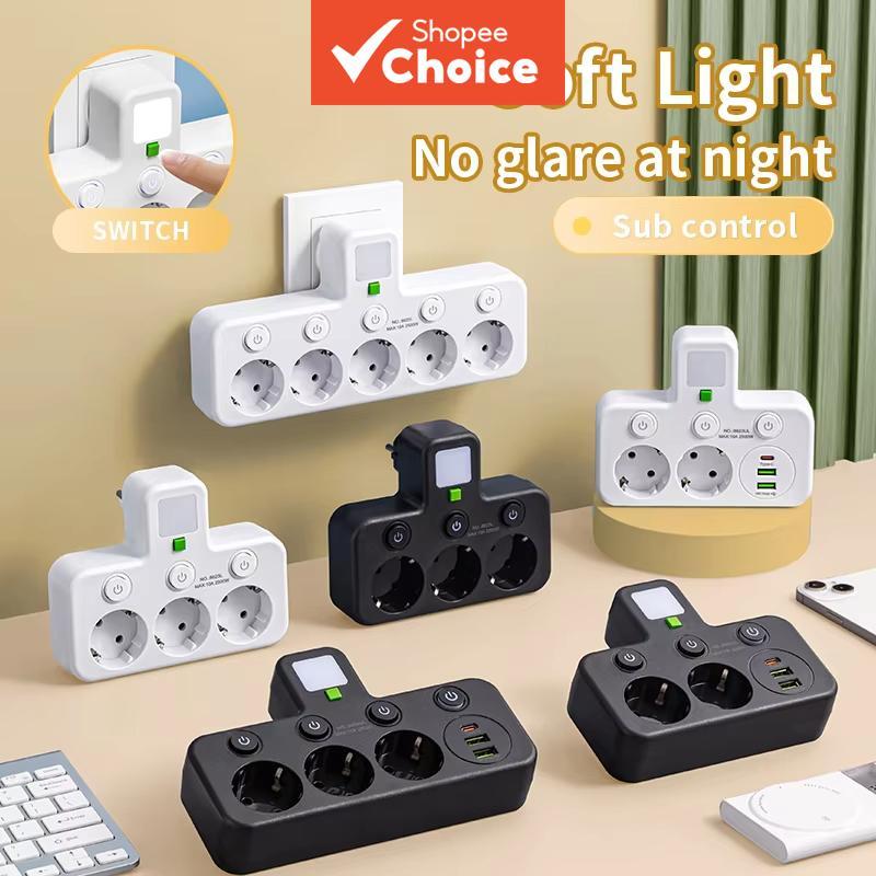 Tomada de parede com plugue UE com 4 tomadas, múltiplas tomadas elétricas com 2 portas USB e 1 porta Tipo-C, sem cabo de