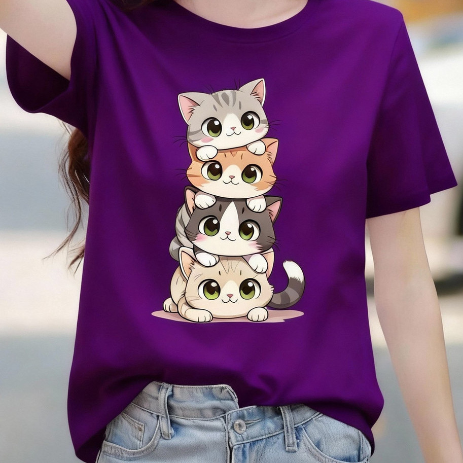 Camiseta Feminina 100% Algodão Premium Estampada Gatinho Pilha Casual Confortável Moda