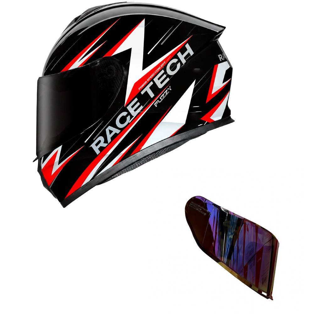 Capacete Race Tech Hit Fuzzy Preto e Branco Mais Viseira Camaleão Vermelha