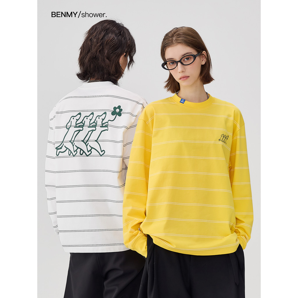 Benmyshower Heavyshower 'Happy Puppy' Camiseta listrada de manga comprida masculina feminina primavera novo estilo casal