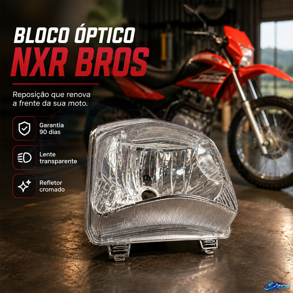 Farol Dianteiro NXR Bros Bloco Optico Cromado Lente Transparente Reposicao Moto Carcaca Honda