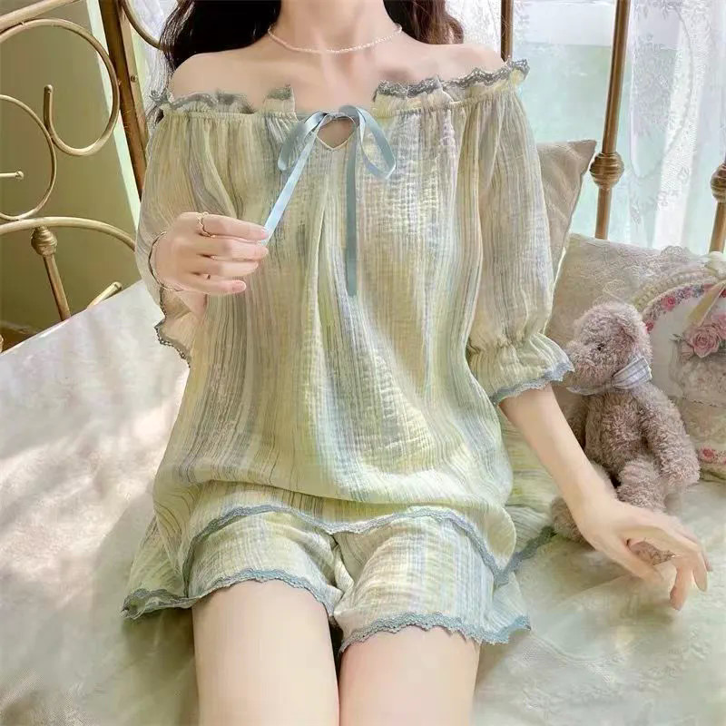 [JTZ] Conjunto de Shorts femininos listrados Tie-Dye de manga curta, conjunto de pijama doce de renda