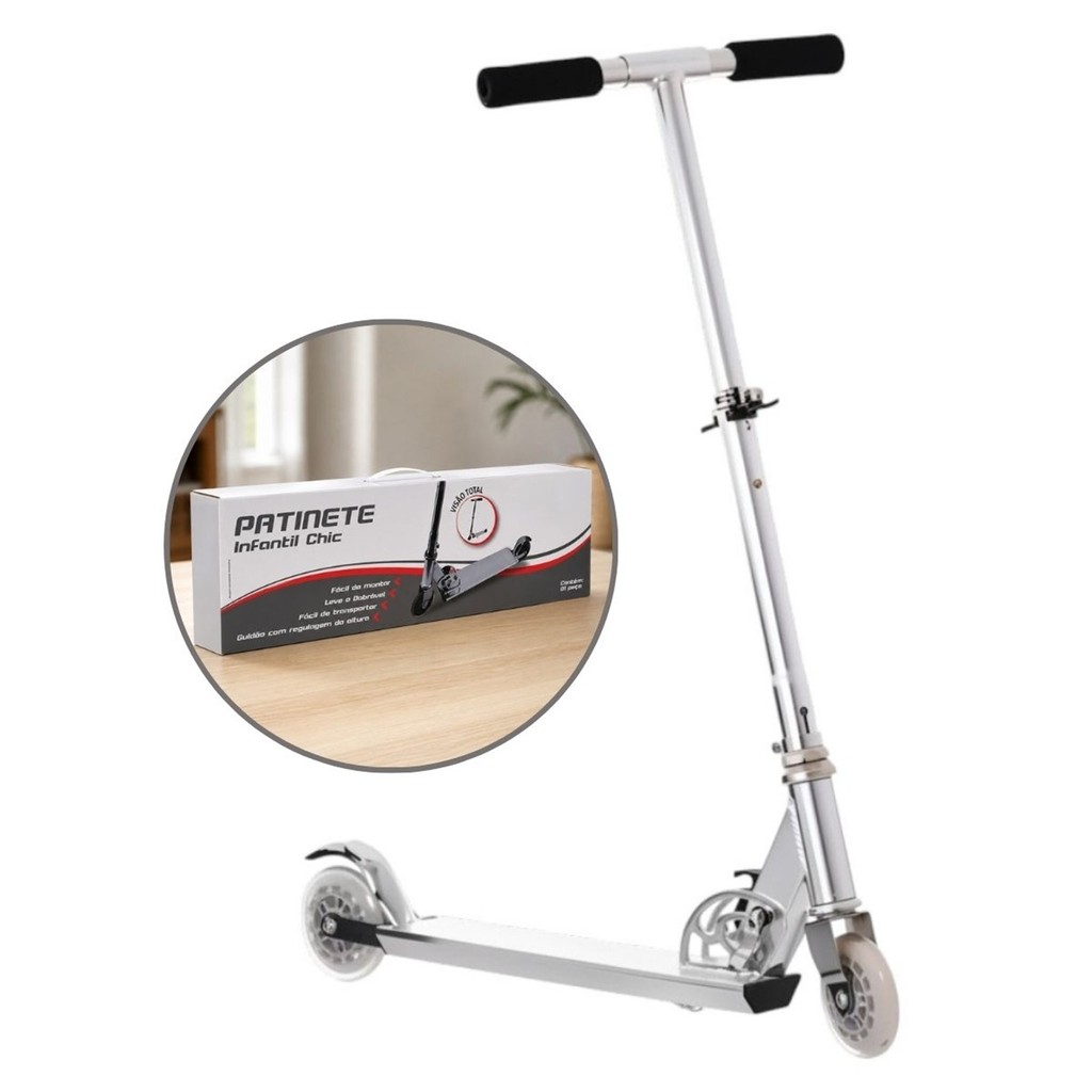 Patinete Scooter Infantil Dobrável Guidão Ajustável 40kg Prateado Chic