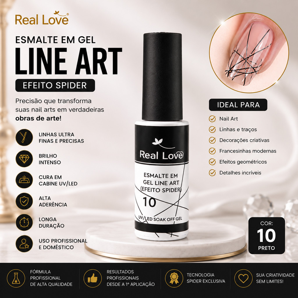 Gel Spider Preto Real Love Cor 10 Line Art UV LED Esmalte para Nail Art Traços Finos 10ml