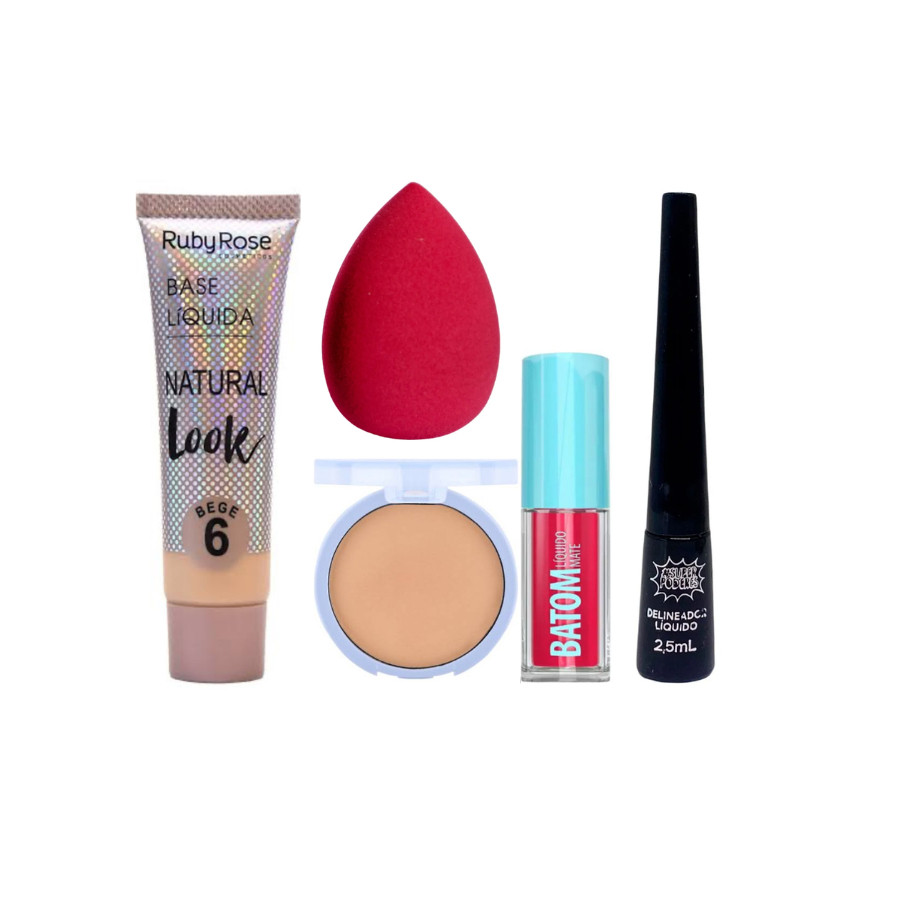 Kit Maquiagem Base, Pó Compacto, Esponja, Delineador e Batom - 5 itens / Gloss Perfume Body Splash