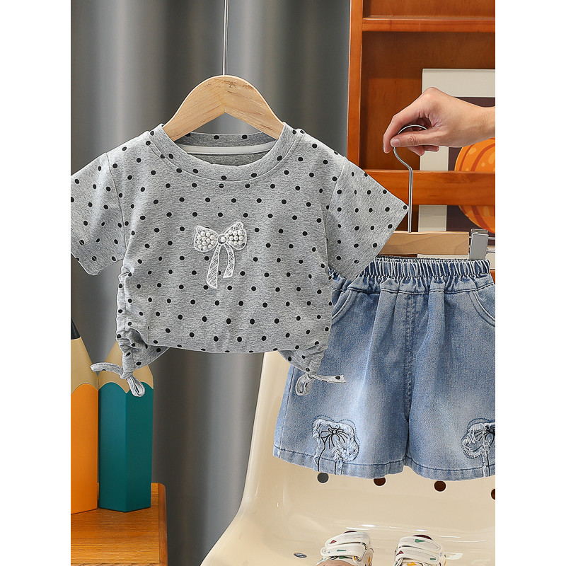 Meninas roupas de verão moda bolinhas de manga curta terno de duas peças bebê verão estilo fino bebê crianças roupas na