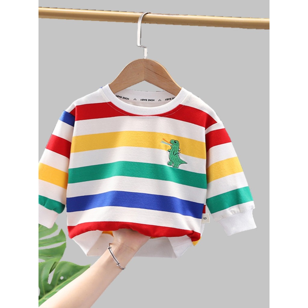 Meninos primavera moda moda estilo ocidental moletom bebê primavera dinossauro listrado de manga comprida topo crianças 