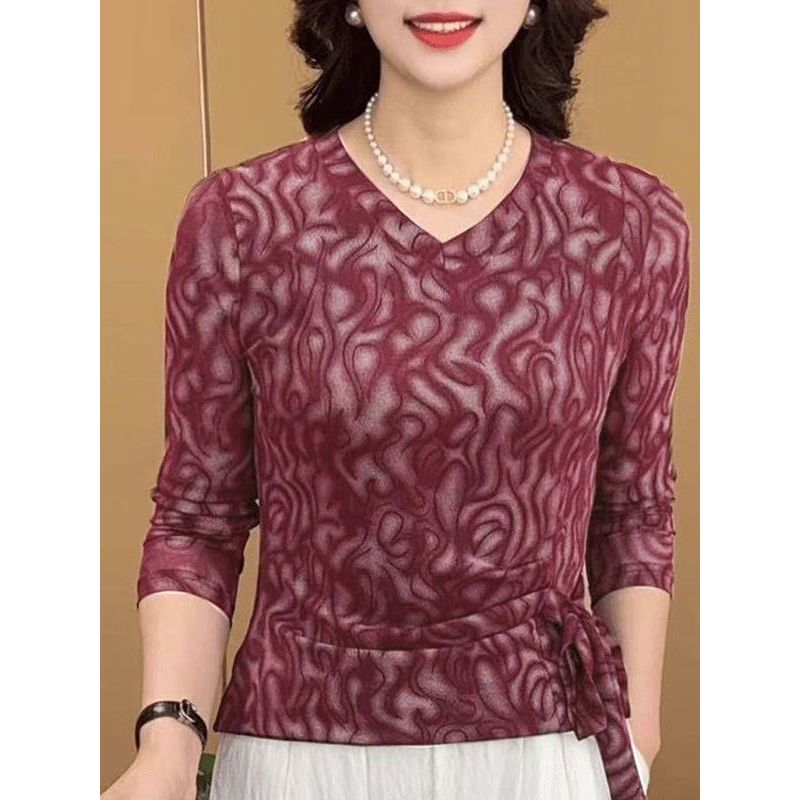 Primavera outono novo estilo mãe Floral estilo ocidental com decote em V manga comprida camiseta feminina de meia-idade 