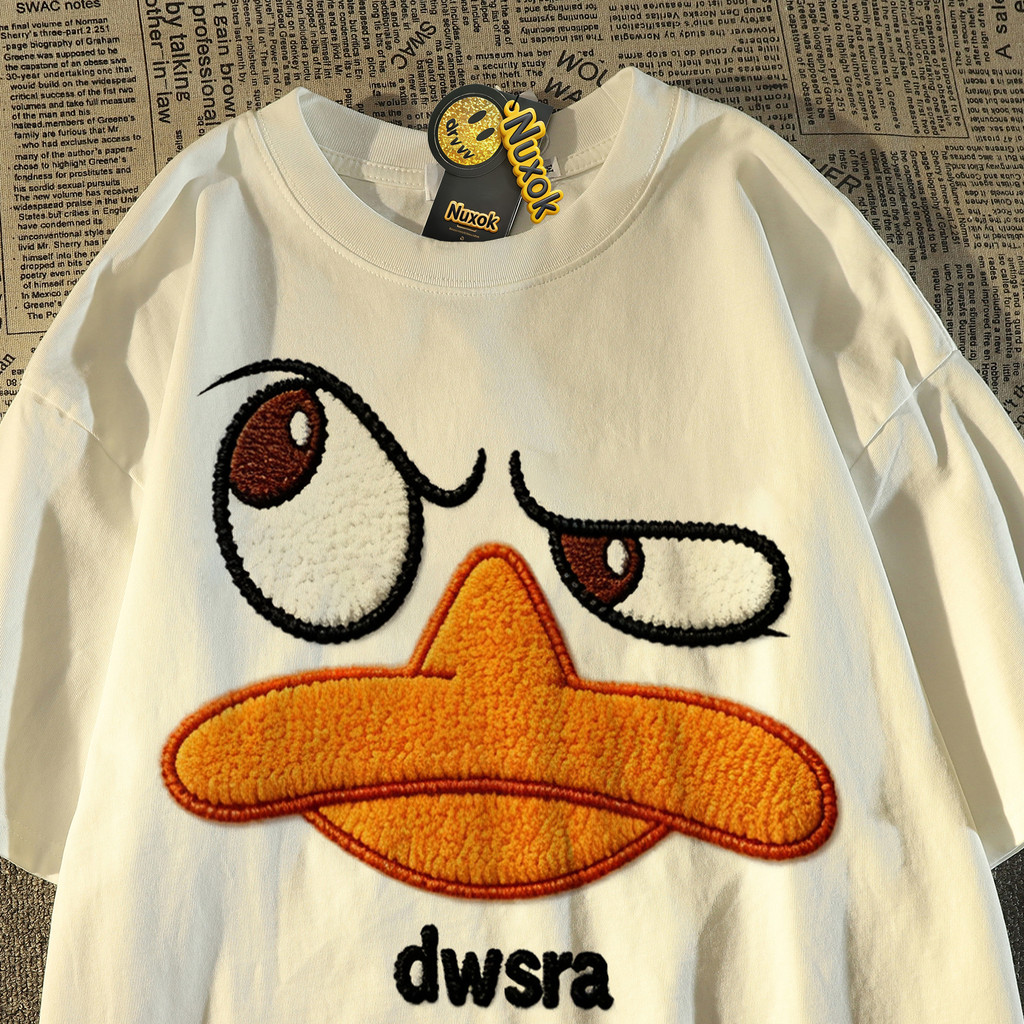 Japonês Retro imitação bordado pato impresso puro algodão de manga curta camiseta feminino meninos verão oversize