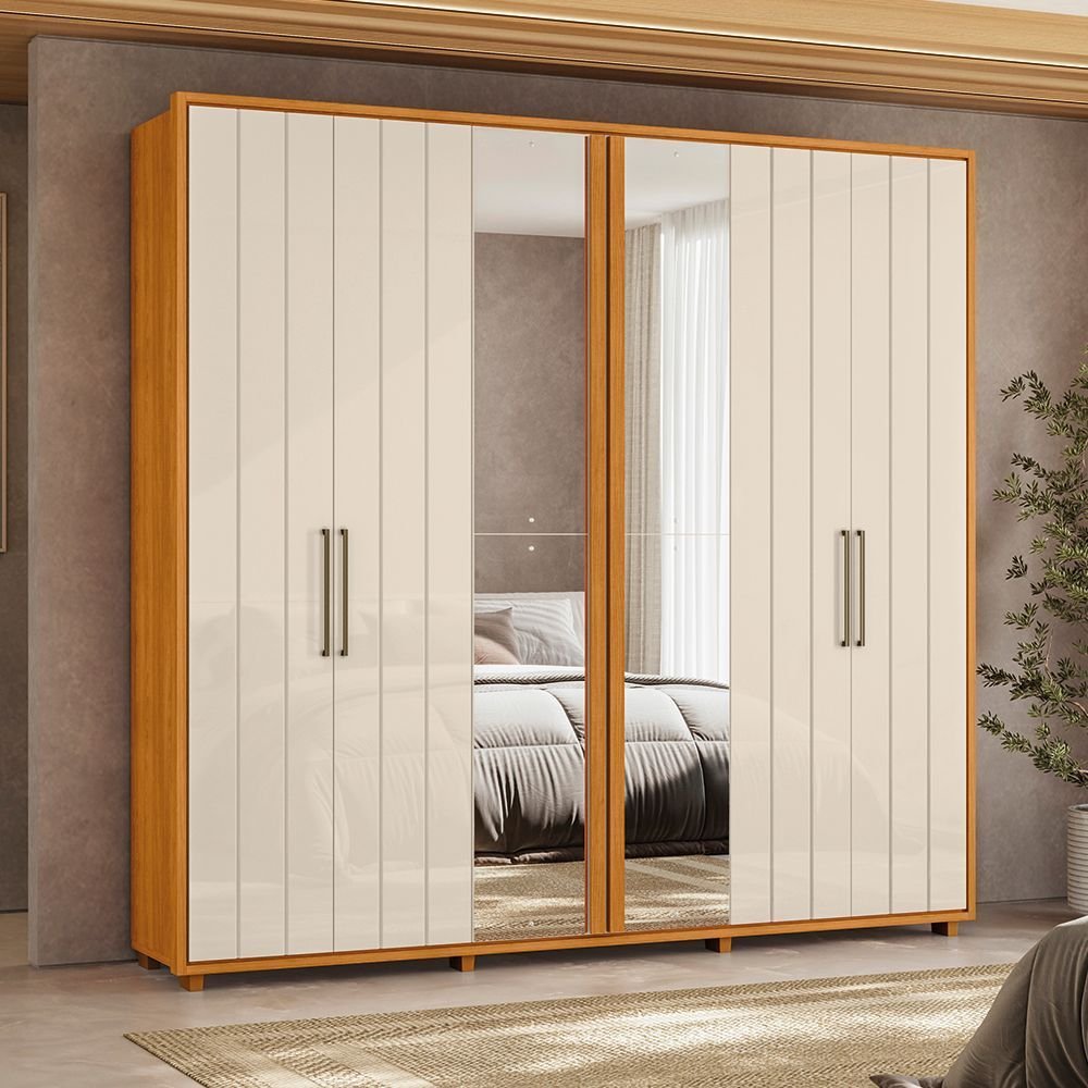 Guarda-Roupa Casal 6 Portas 100% MDF com Espelhos e Pés Miró Yescasa Branco/Cinamomo/Off White Cinamomo/Off White