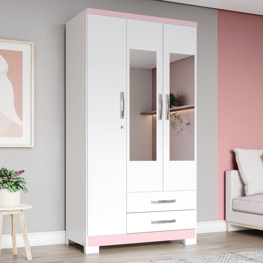 Guarda-Roupa 3 Portas 2 Gavetas com Espelho Açaí Branco/Rosa Chá Branco/Rosa Chá