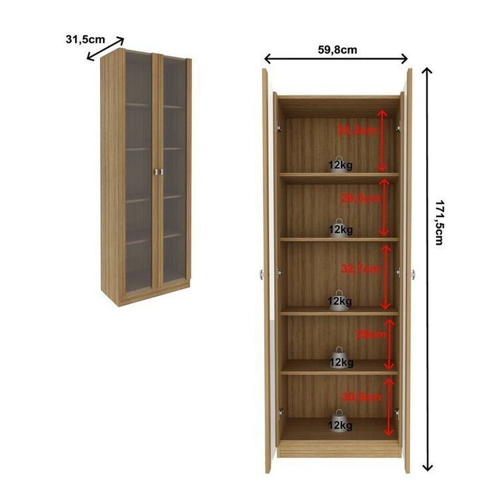 Kit 2 Cristaleiras Multiuso com 4 Portas de Vidro e 8 Prateleiras Marrom/Amendoa Amêndoa