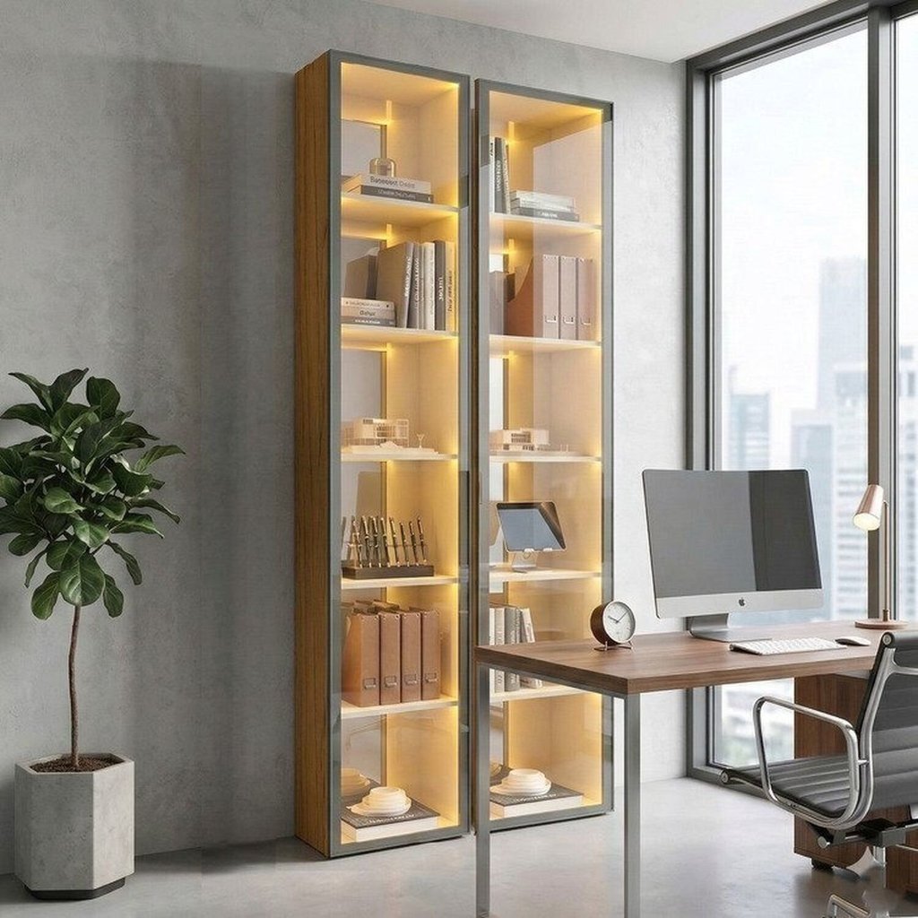 Armario para Escritorio 1 Porta Reflecta com Fita Led com Espelho Luminare 100% Mdf