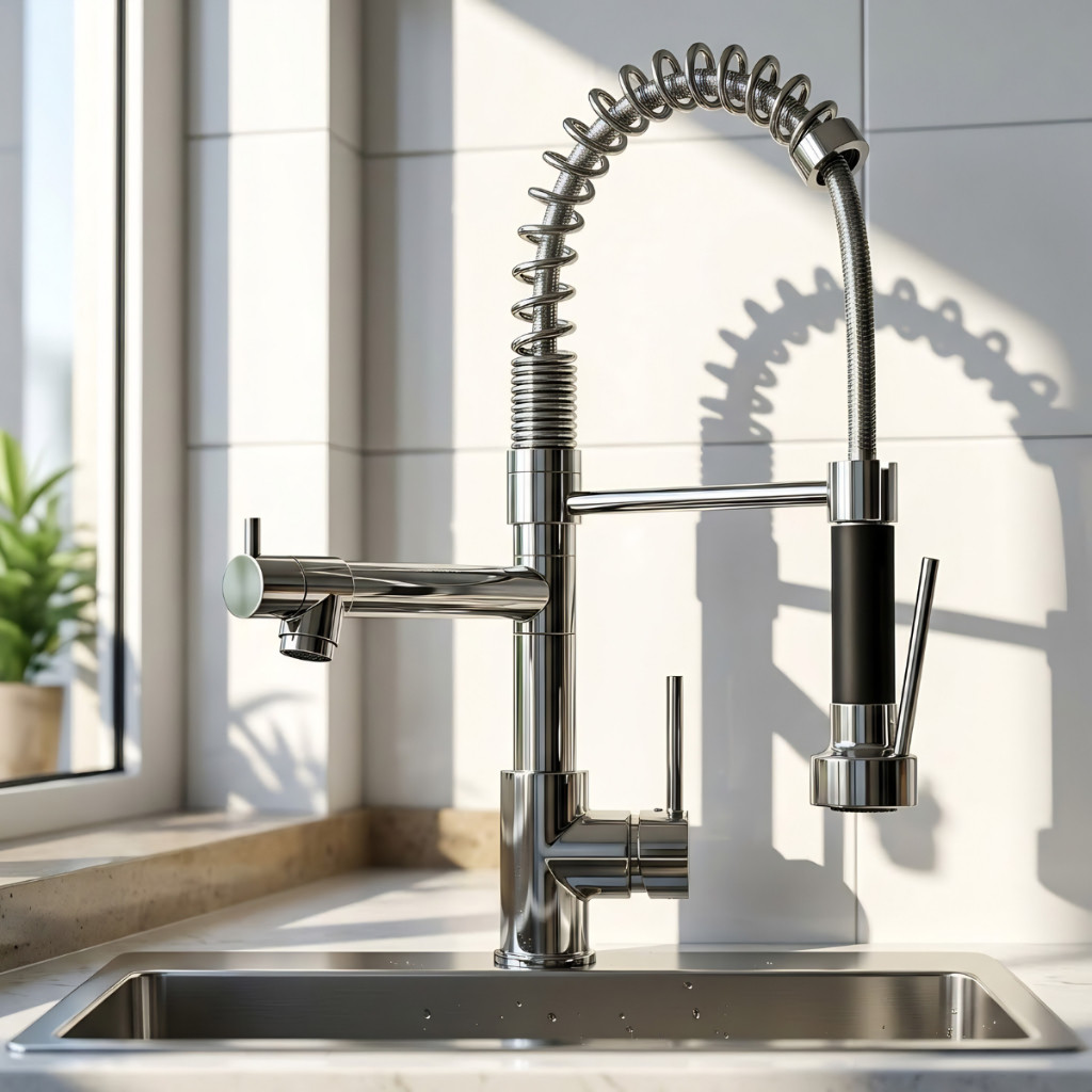 Torneira Lopazzi Gourmet Monocomando com Spray Extensor Agua Quente Fria Flexível na Cor Inox Brilhante Preto Fosco