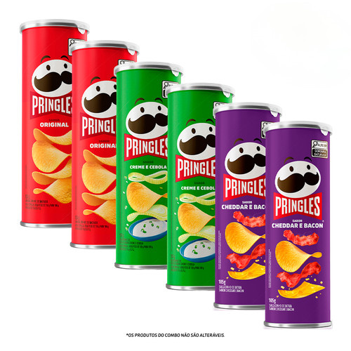 Combo Pringles Original 2 unid + Pringles Creme e Cebola 2 unid + Pringles Cheddar e Bacon 2 unid