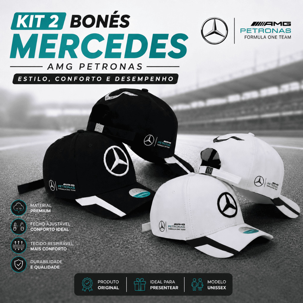 Kit 2 Bonés Mercedes AMG Petronas Aba Curva Ajustável Unissex Estilo Esportivo