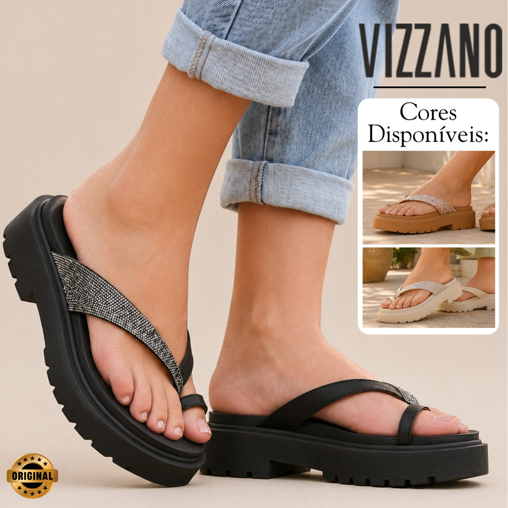 Sandália Vizzano Feminina Flatform Tratorada Ring Toe Tira Strass Casual Confortável Original