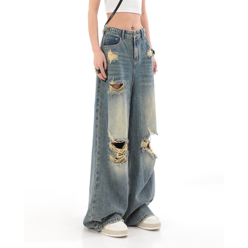 American High Street Preto Rasgado Jeans Marca Feminina Reta Solta Chão Esfregar Calças de Perna Larga