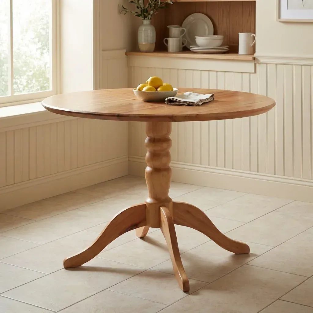 Mesa de Jantar Redonda 110cm Pé Central Madeira Maciça Natural Gardênia Yescasa Bege/Marrom Natural