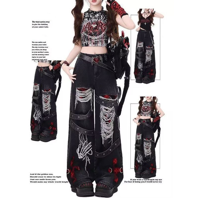 Y2k calças cultura asiática usar calças rasgadas Jeans preto feminino Design cintura alta solta perna larga calças retas